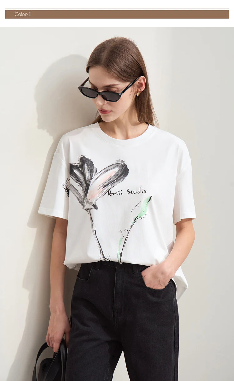Women’s Summer Ink Art Print T-Shirt – Loose O-Neck Cotton Tee