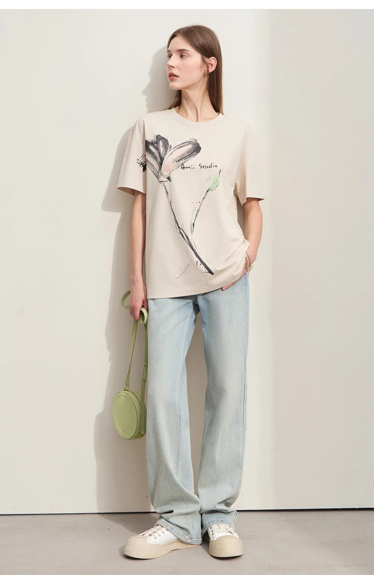 Women’s Summer Ink Art Print T-Shirt – Loose O-Neck Cotton Tee