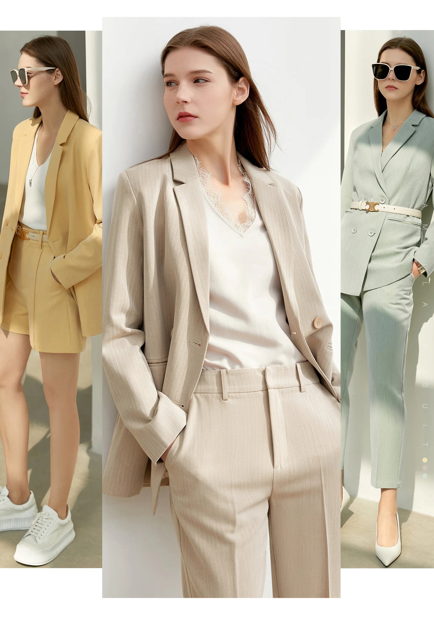 Women’s Office Blazer Set – Lace V-Neck Top & High Waist Pants