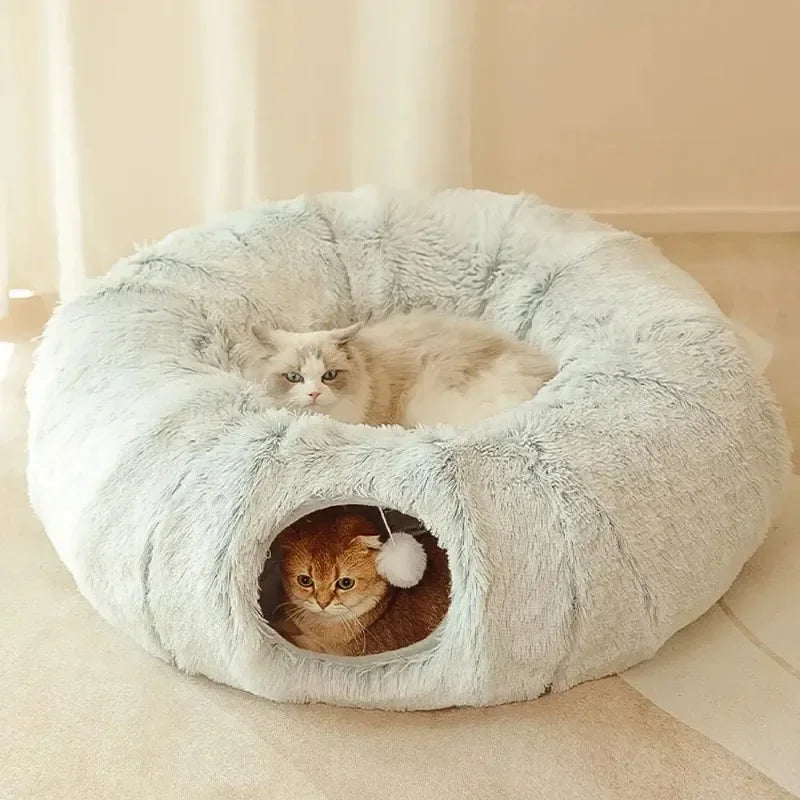Plush Donut Cat Bed with Tunnel & Peephole – Indoor Fluffy Hideout