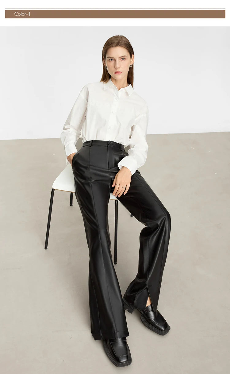 Women’s PU Leather Casual Pants – Loose Straight Floor-Length Trousers