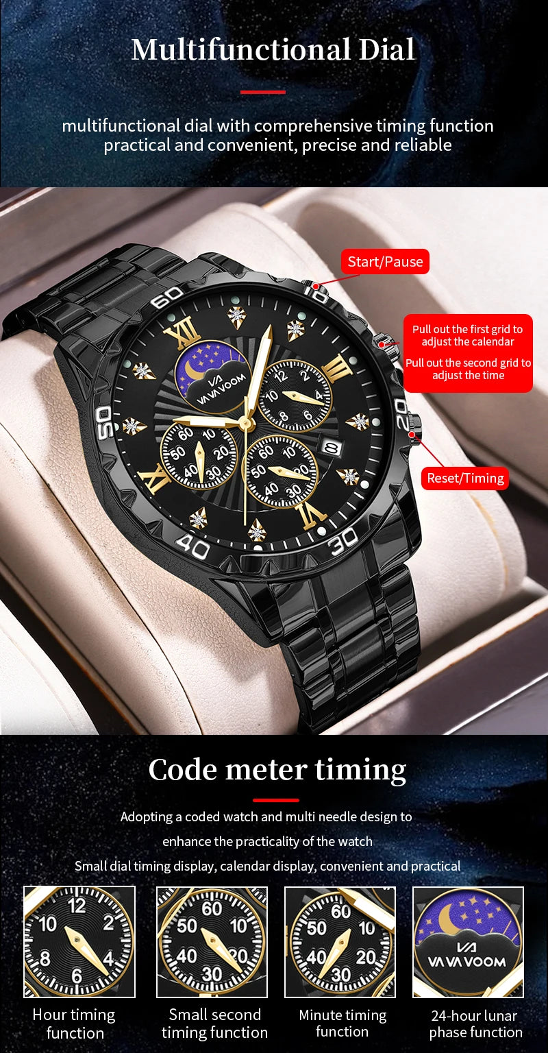 43mm Stainless Steel Men’s Quartz Watch – Diamond Night Glow