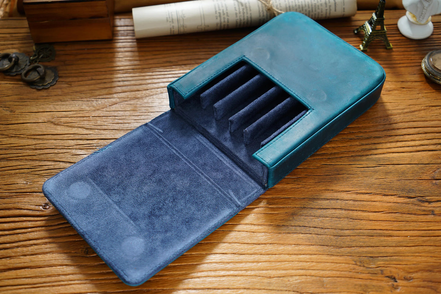 Vintage Genuine Leather Pen Pouch – 6-Slot Removable Tray Case