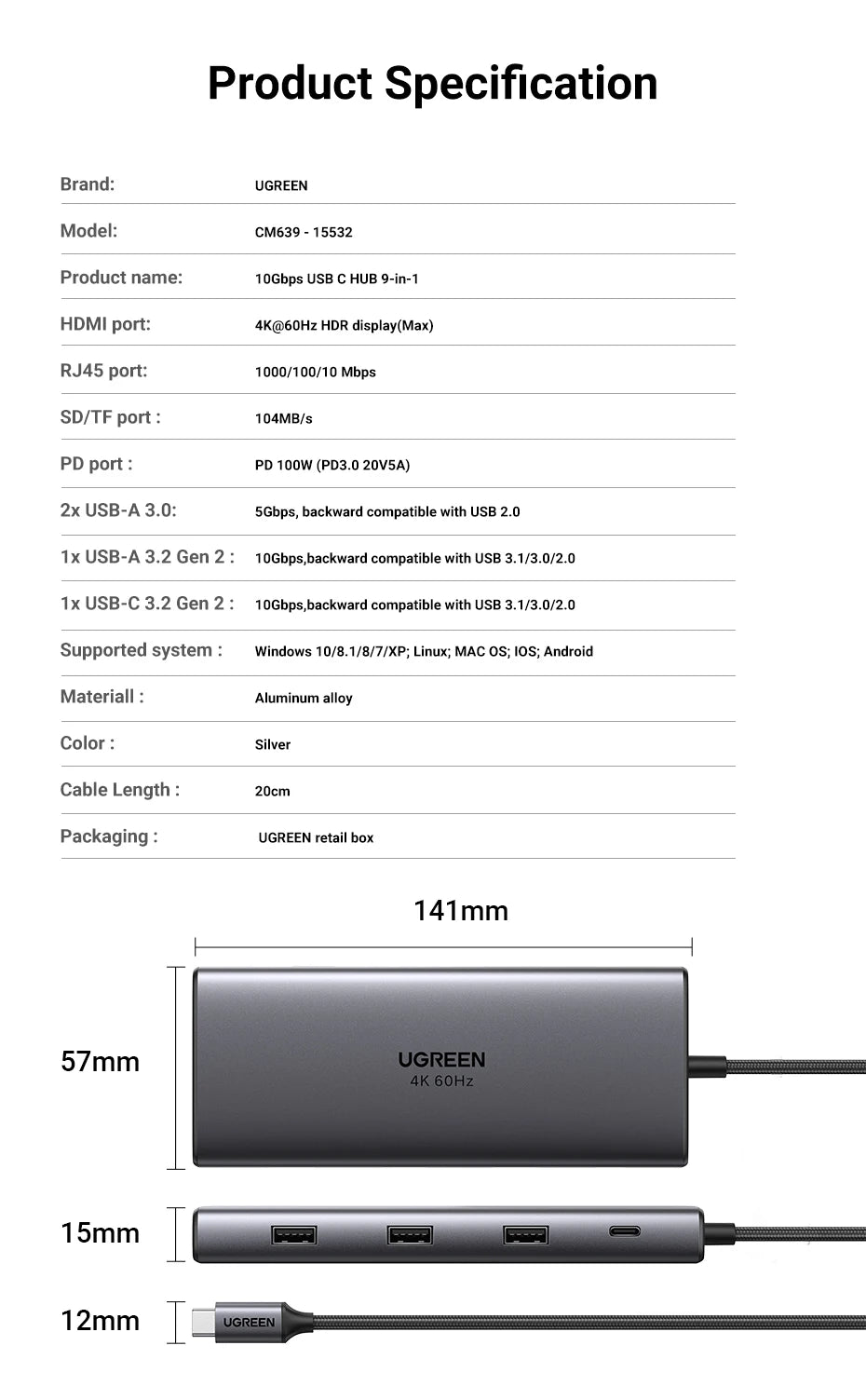 9-in-1 USB-C Hub – 4K@60Hz HDMI, 10Gbps USB, RJ45, PD 100W