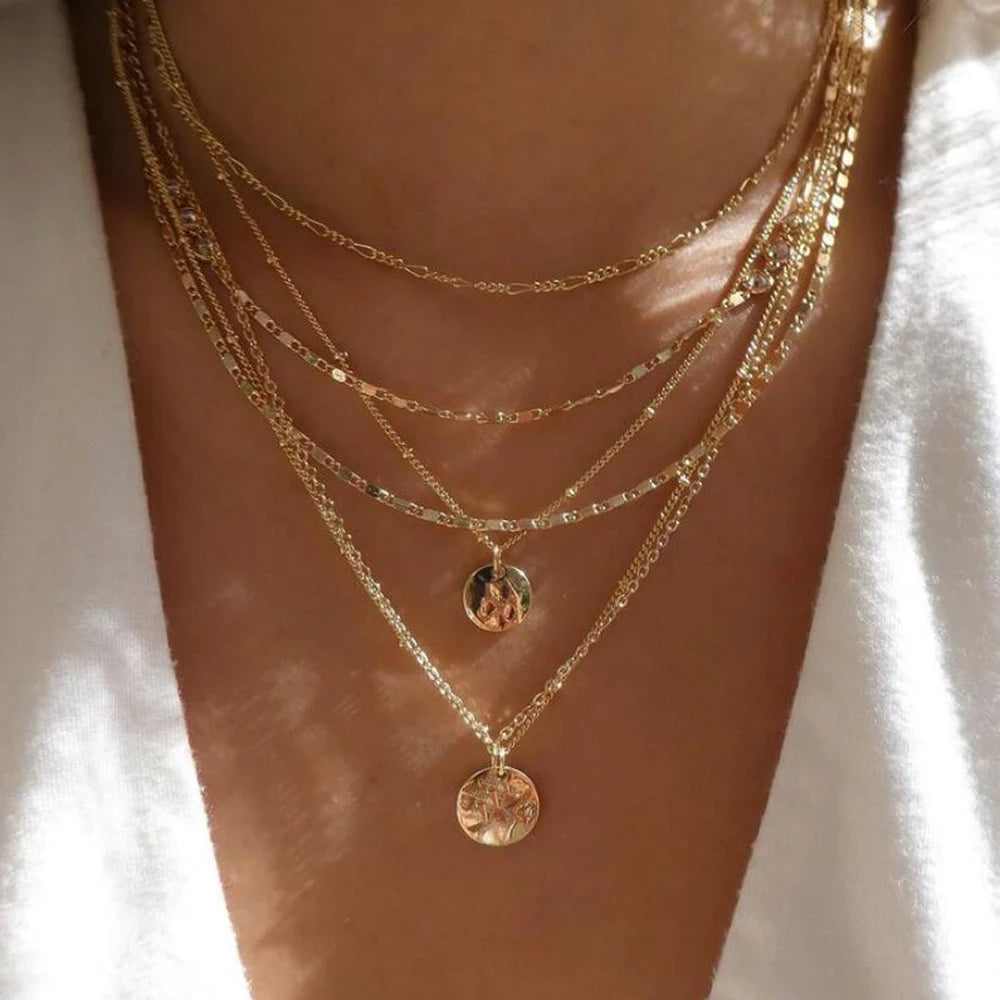 Layered Gold Tone Necklace Set – 5pcs Braided & Beaded Chains