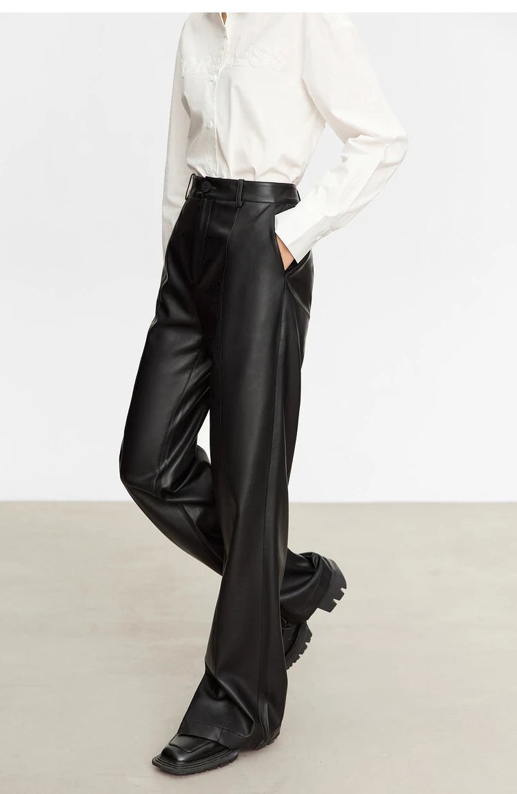 Women’s PU Leather Casual Pants – Loose Straight Floor-Length Trousers