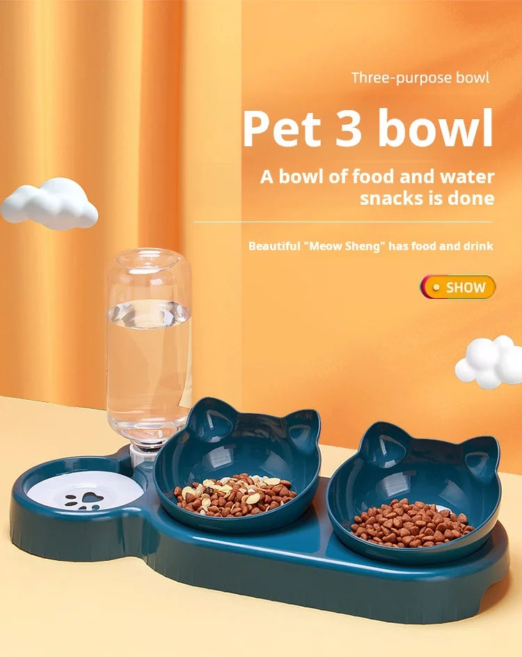 3-in-1 Cat Bowl Set with Tilted Design & Gravity Water Feeder