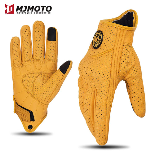 Retro Yellow Leather Motorcycle Gloves for Men & Women
