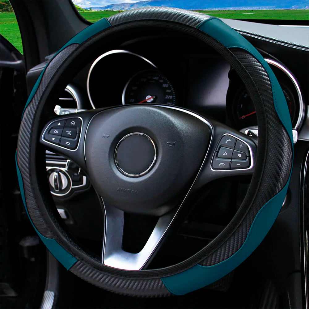 PU Carbon Fiber Leather Steering Wheel Cover 14.5–15 Inch Car Accessory