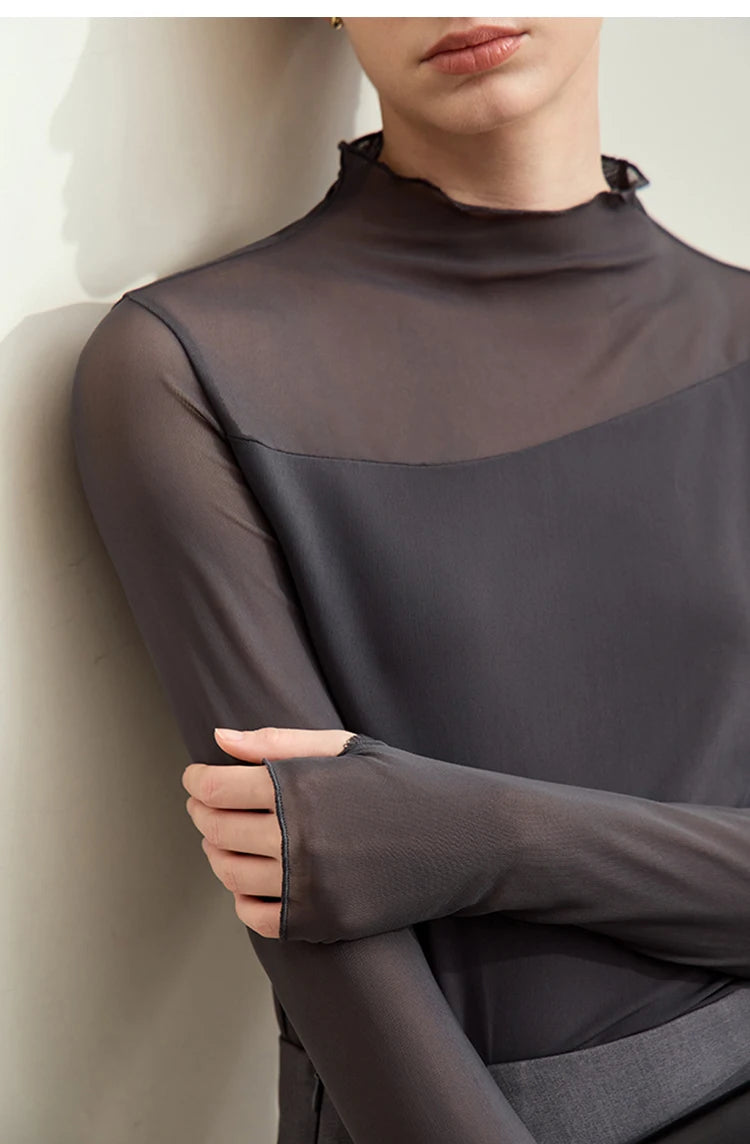 Women’s Mesh Half-High Neck Slim T-Shirt – Retro Office Spring Top