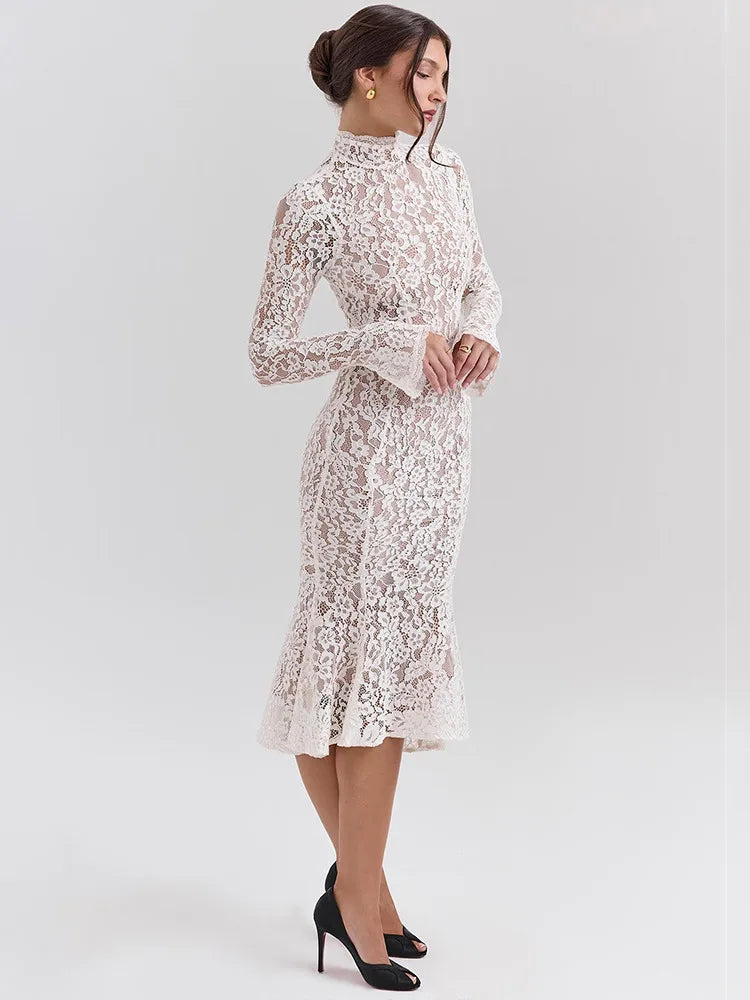 Women’s Elegant Lace Bodycon Dress – Long Sleeve Fishtail Evening Dress