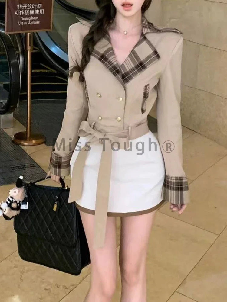 Women’s Winter 2-Piece Set – Belted Coat & White Mini Skirt Suit