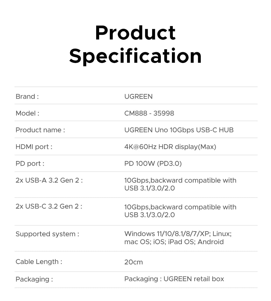 Uno 6-in-1 USB-C Hub – 4K 60Hz, 100W PD, 10Gbps Splitter