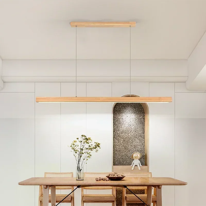 Nordic Wood LED Pendant Light – Long Strip Dining Table Fixture