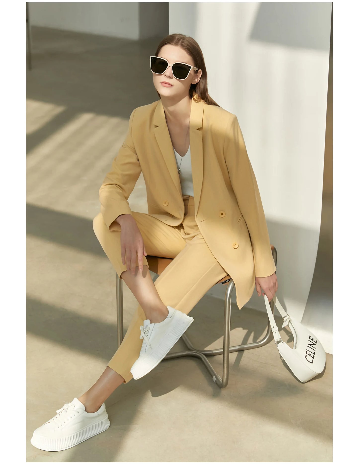 Women’s Office Blazer Set – Lace V-Neck Top & High Waist Pants