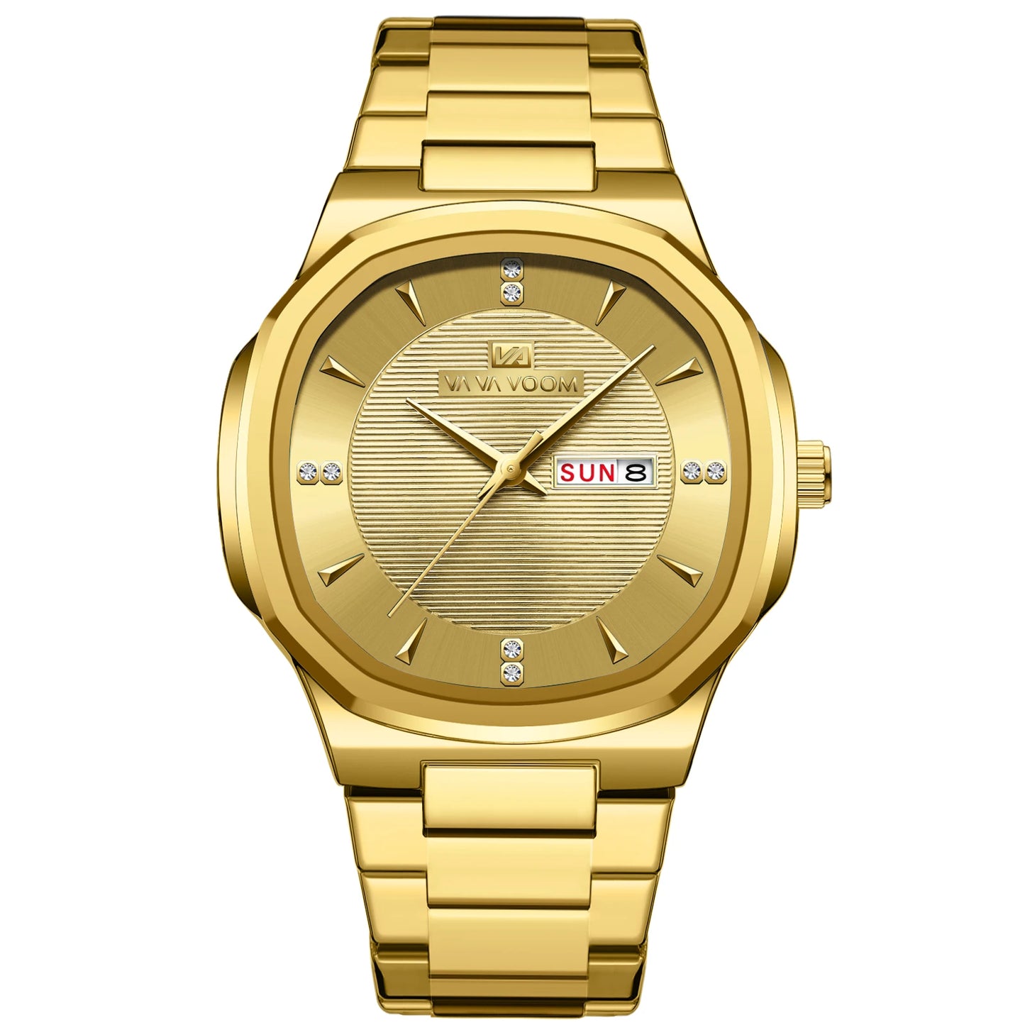 Luxury Diamond Men’s Watch – Stainless Steel Dual Date & Week Display
