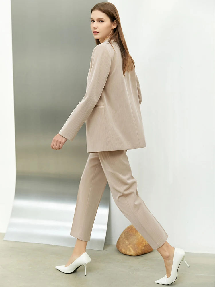 Women’s Office Blazer Set – Lace V-Neck Top & High Waist Pants