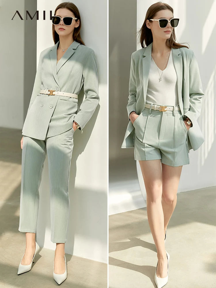 Women’s Office Blazer Set – Lace V-Neck Top & High Waist Pants