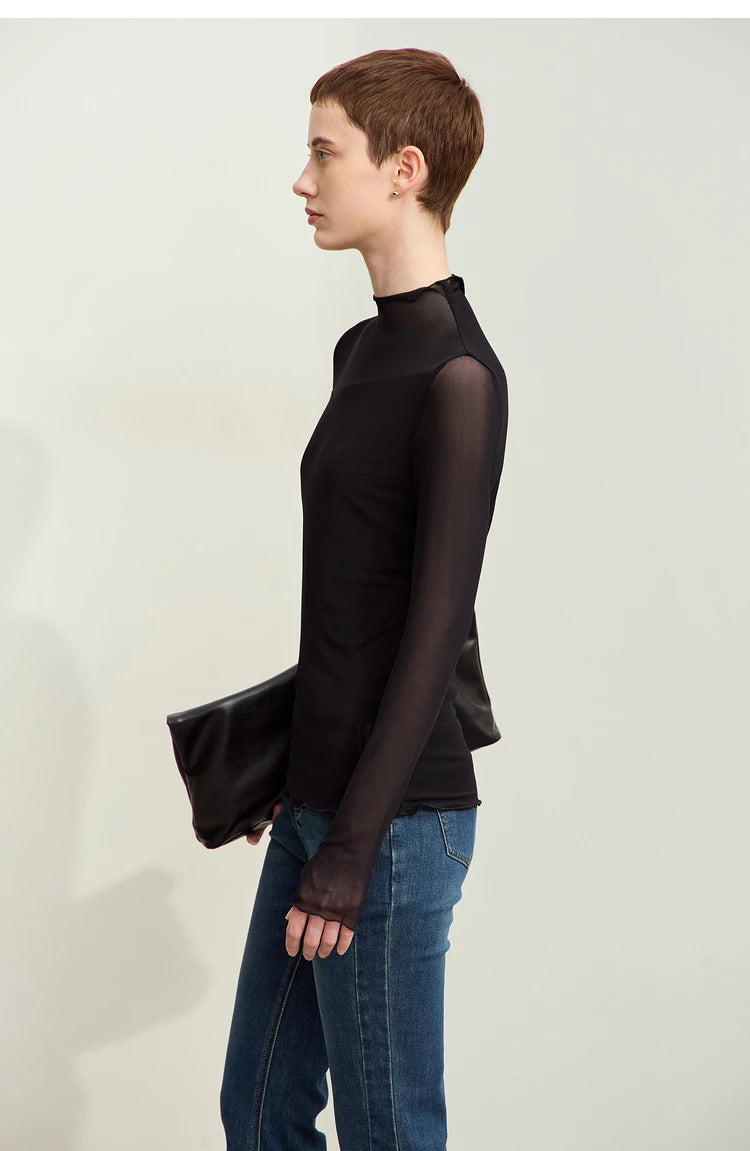 Women’s Mesh Half-High Neck Slim T-Shirt – Retro Office Spring Top