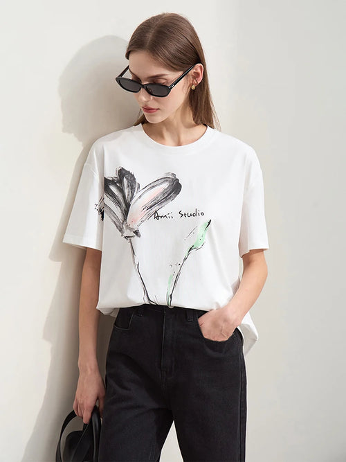 Women’s Summer Ink Art Print T-Shirt – Loose O-Neck Cotton Tee