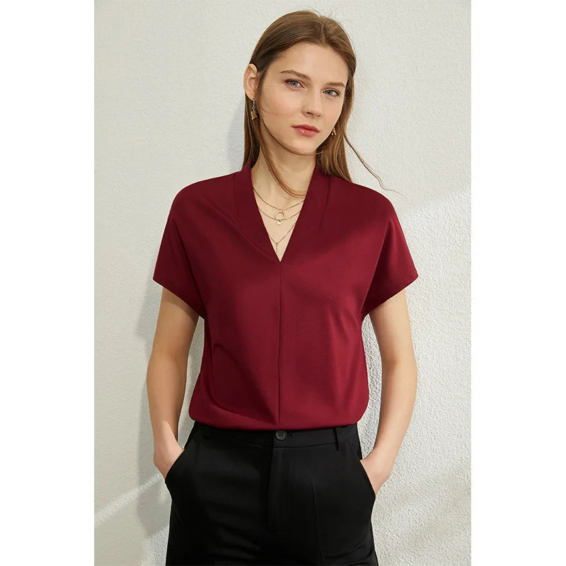 Women’s Classic V-Neck Short Sleeve T-Shirt – Casual Solid Stretch Top