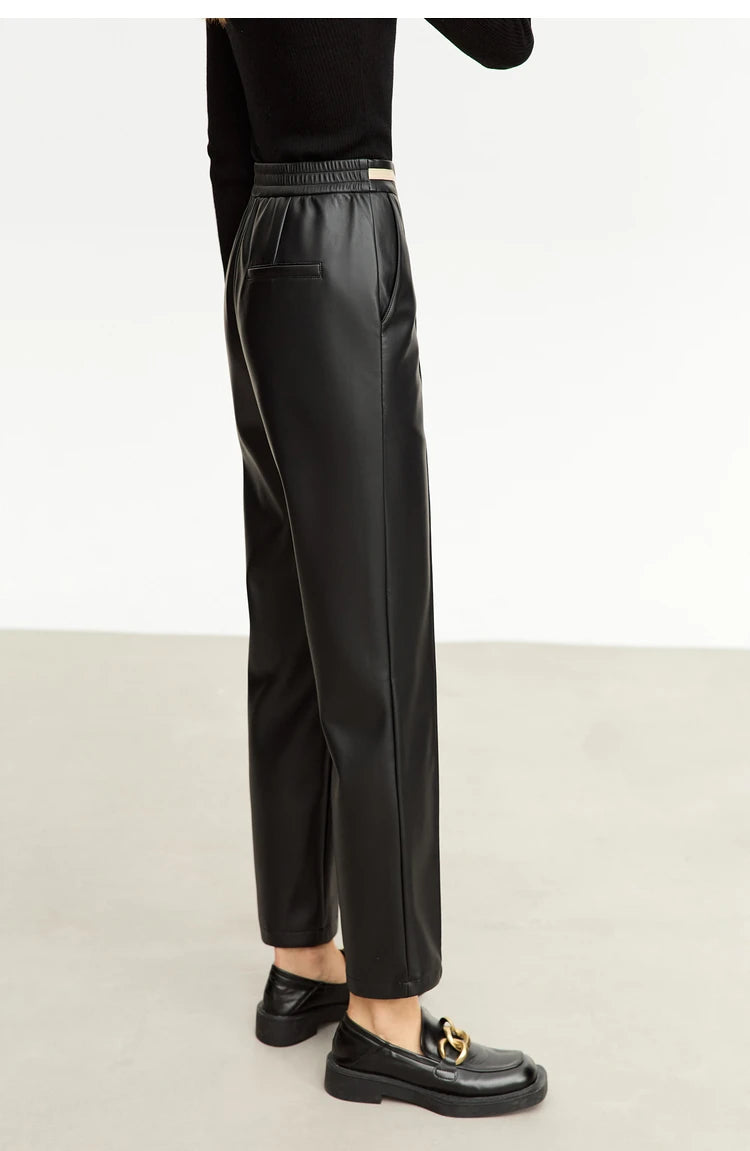 Women’s PU Leather Casual Pants – Loose Straight Floor-Length Trousers