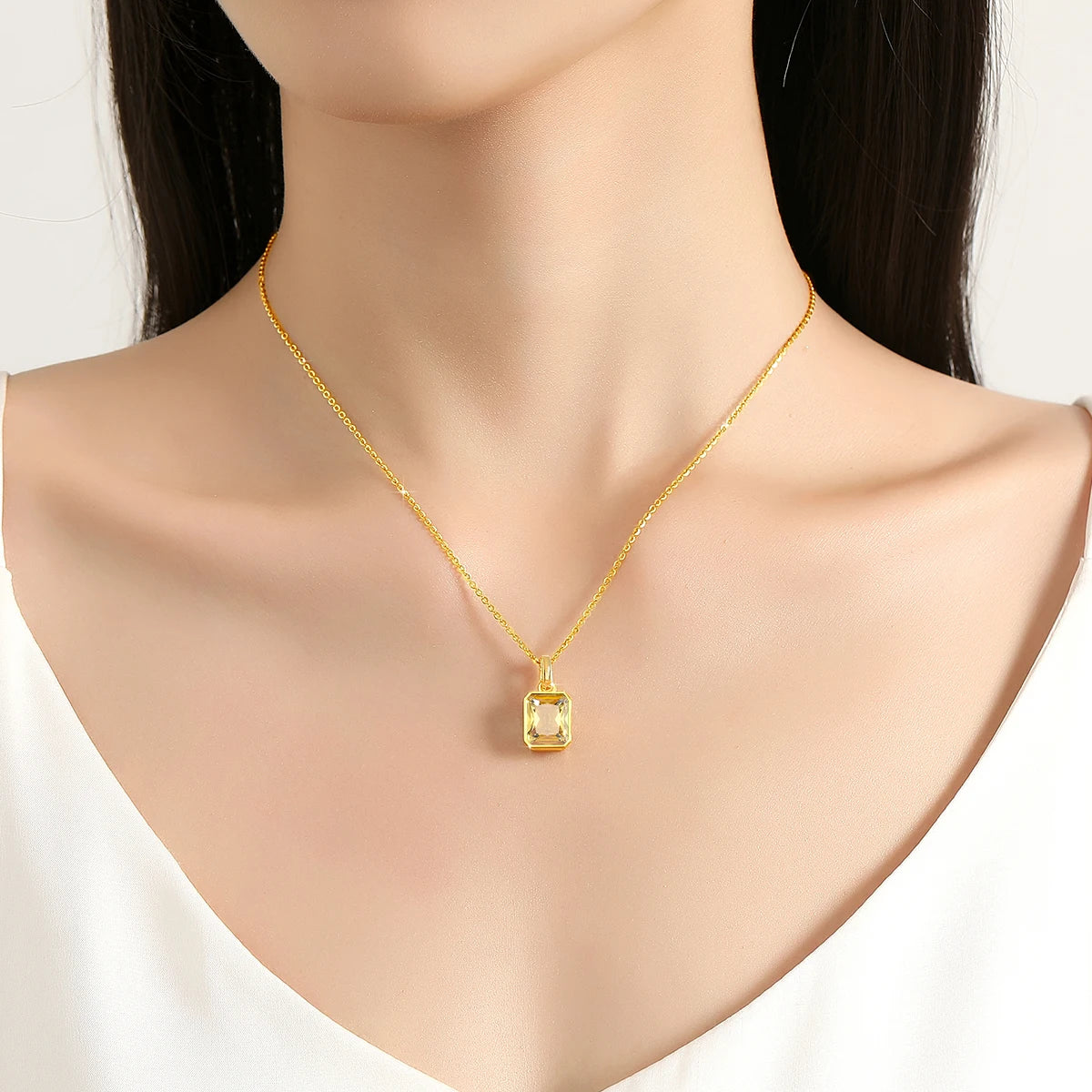 18K Gold Necklace for Women – 8x10mm Yellow Stone Rectangle