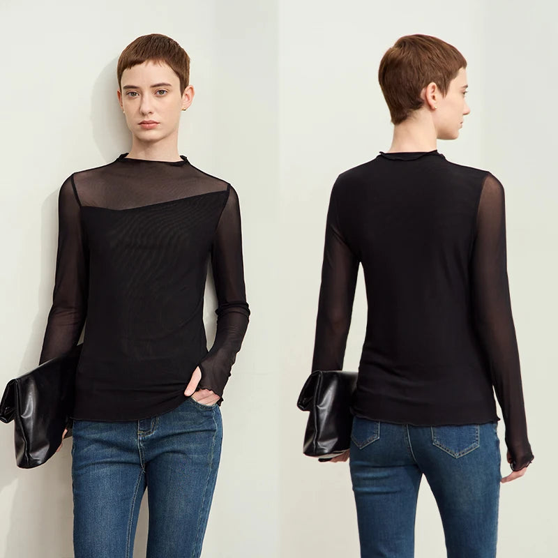 Women’s Mesh Half-High Neck Slim T-Shirt – Retro Office Spring Top