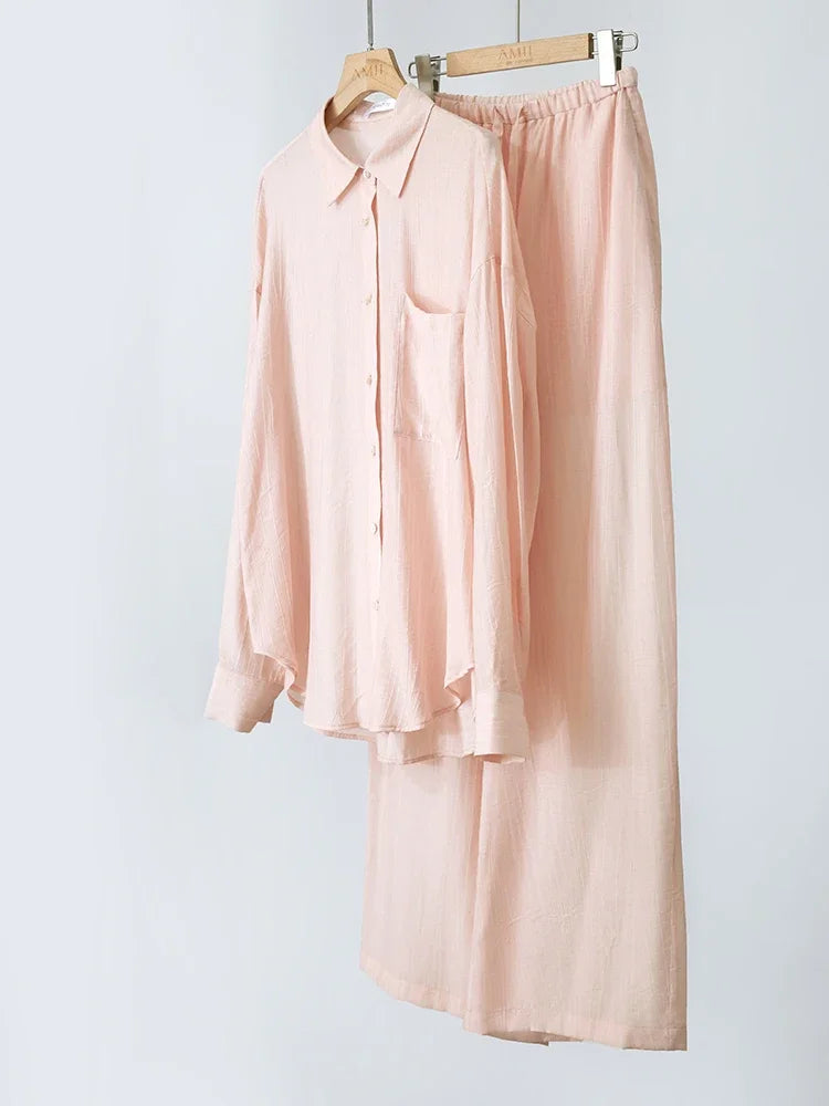 Women’s Casual Shirt & Wide Leg Pants – Spring Basic Separate Set
