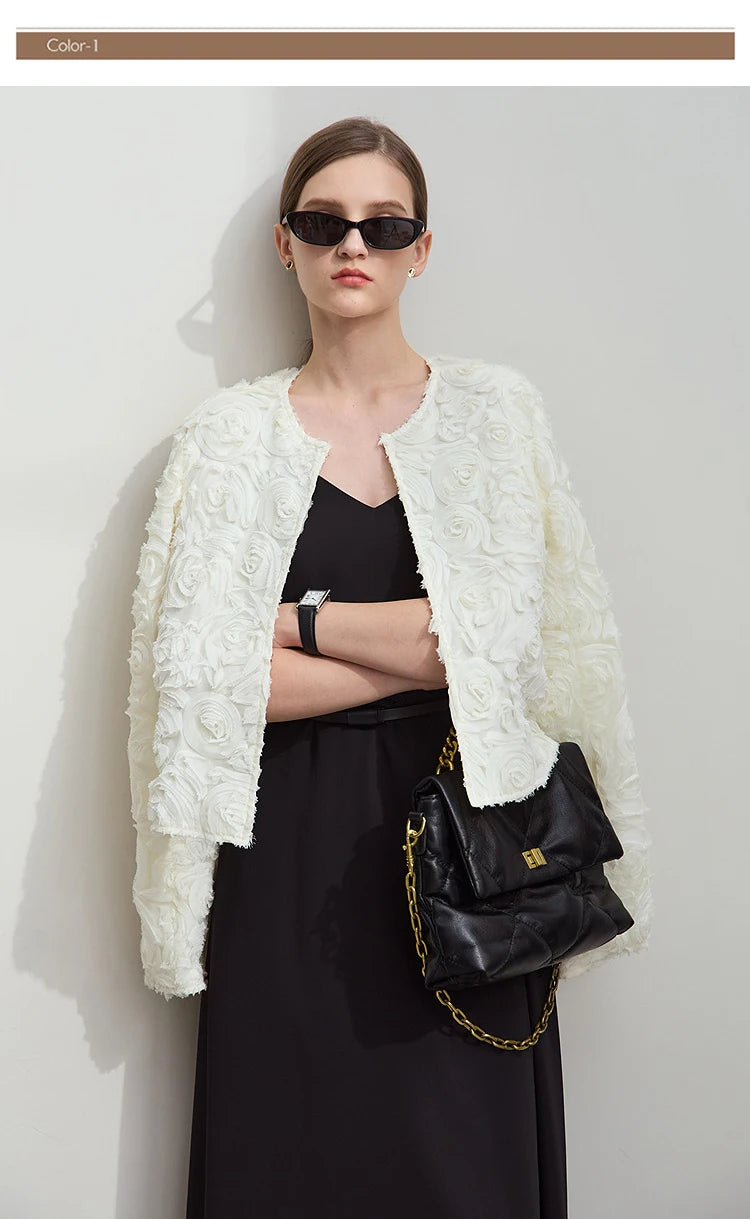 Women’s Elegant Short Jacket – Romantic Flower O-Neck Hook Button Coat