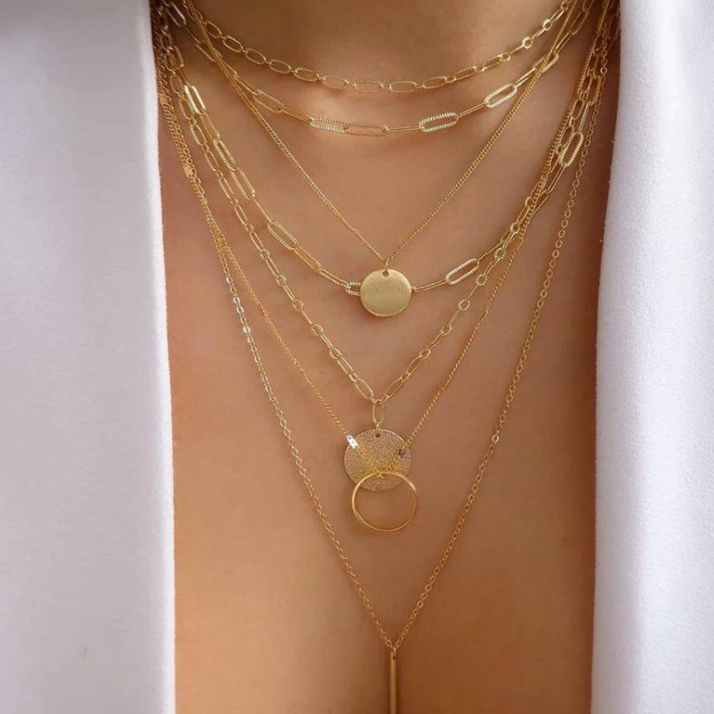 Layered Gold Tone Necklace Set – 5pcs Braided & Beaded Chains