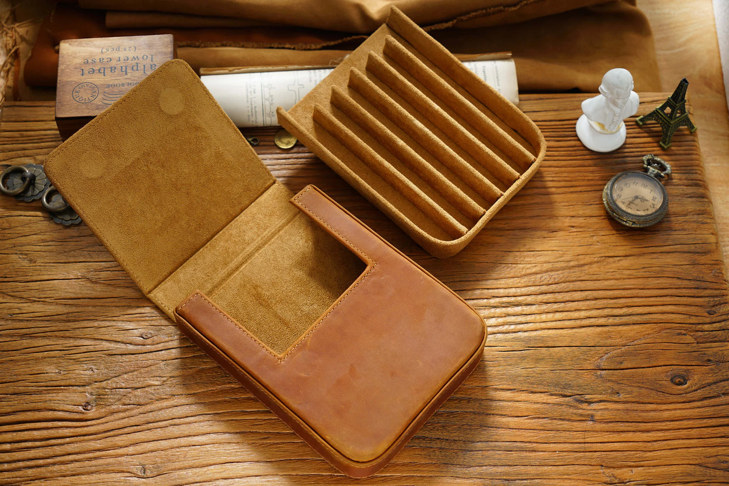 Vintage Genuine Leather Pen Pouch – 6-Slot Removable Tray Case