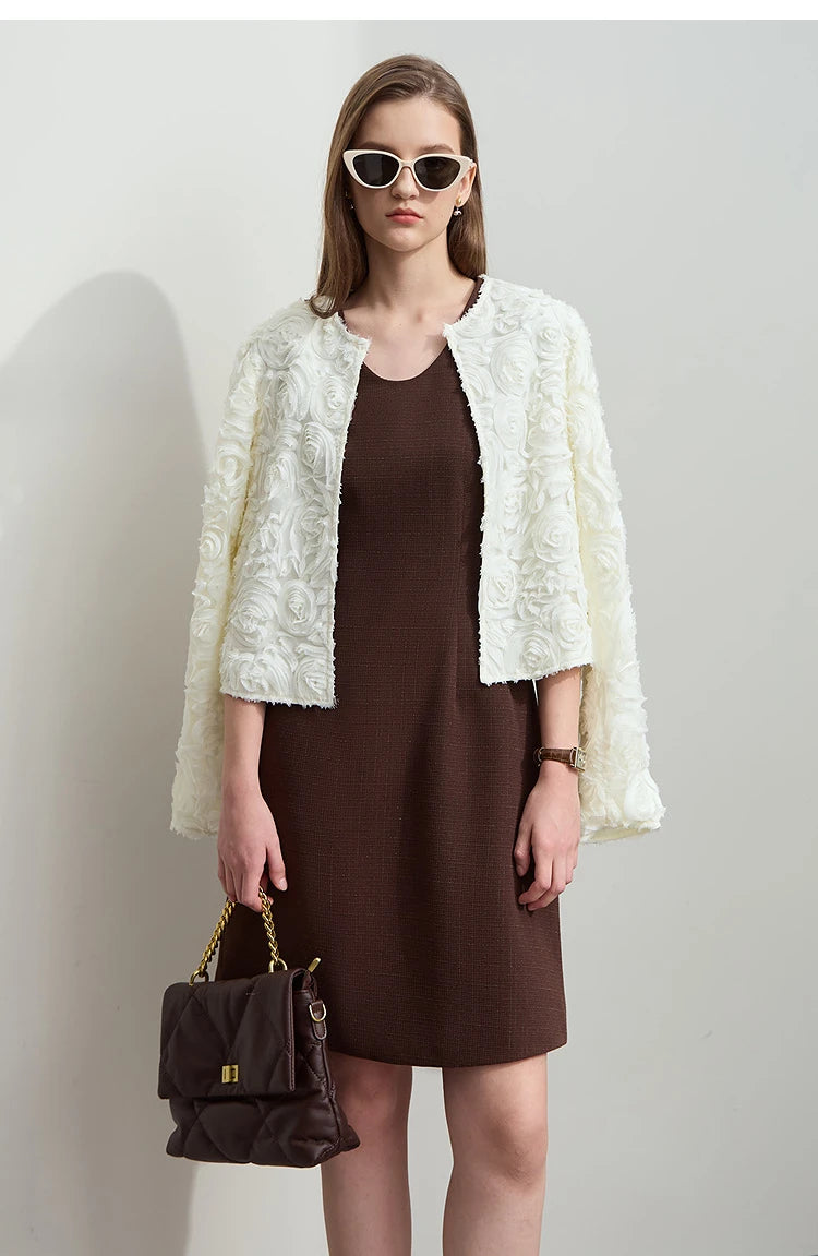 Women’s Elegant Short Jacket – Romantic Flower O-Neck Hook Button Coat