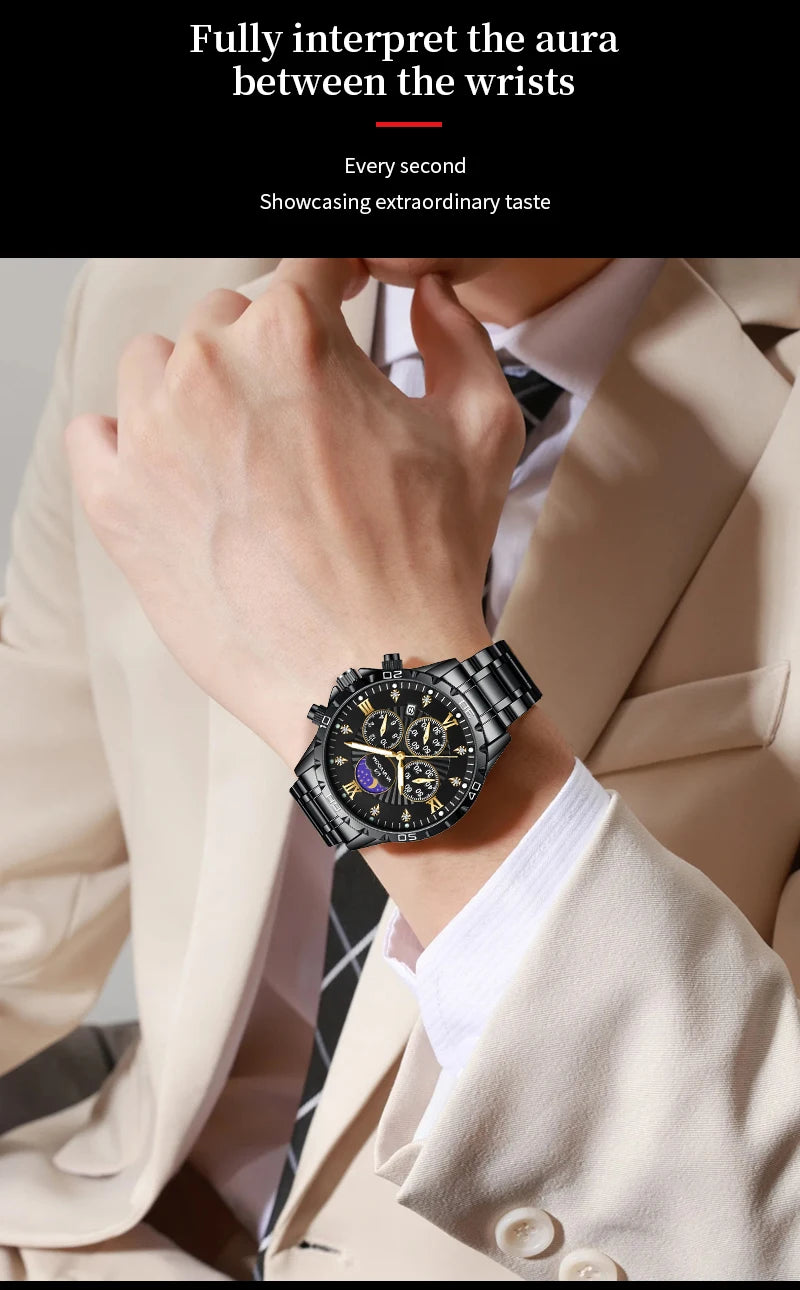 43mm Stainless Steel Men’s Quartz Watch – Diamond Night Glow