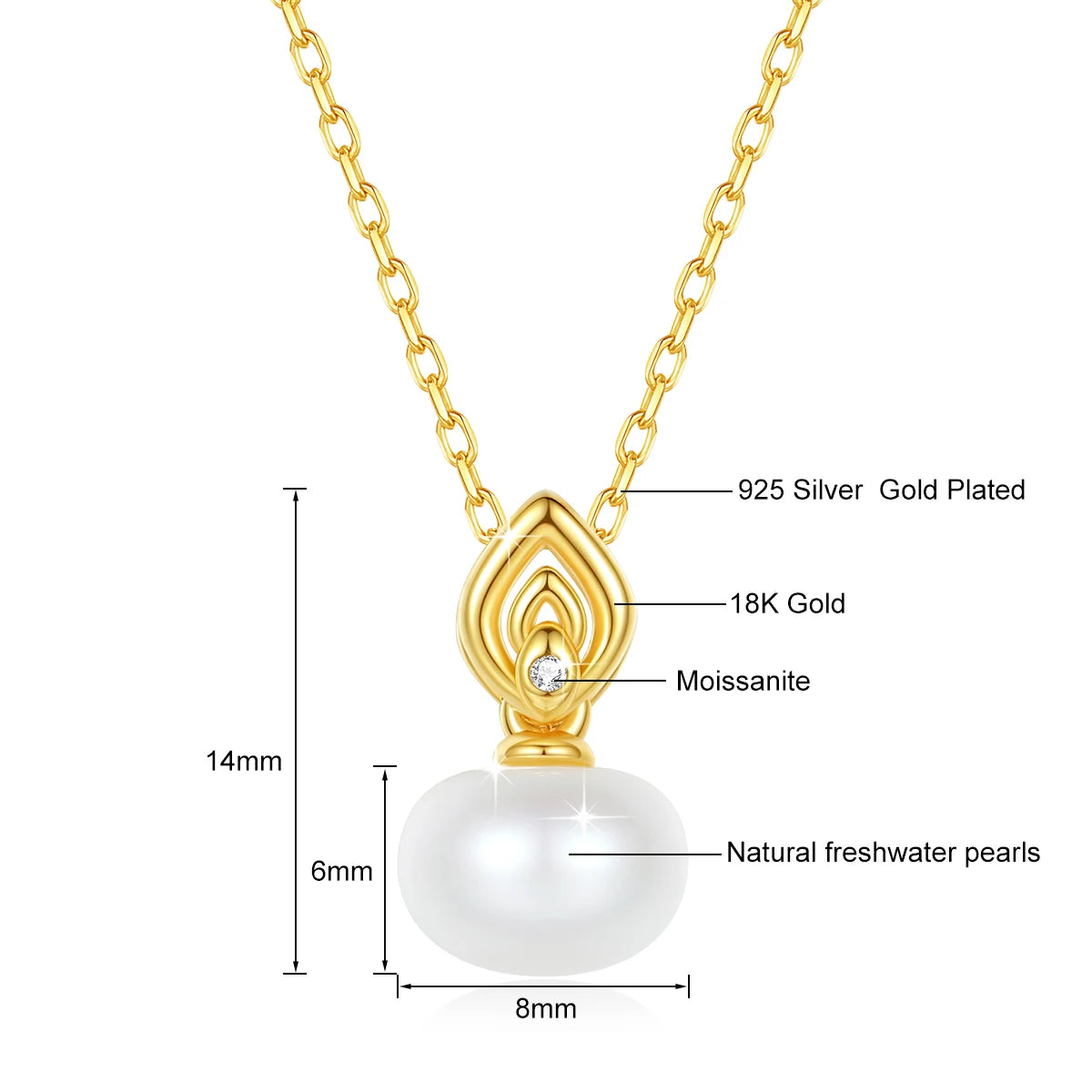 18K Gold Pearl Necklace with Moissanite Stone – Luxury Pendant