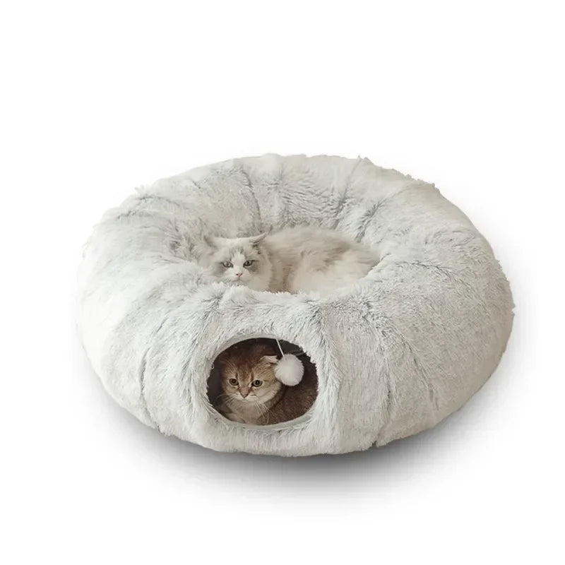 Plush Donut Cat Bed with Tunnel & Peephole – Indoor Fluffy Hideout