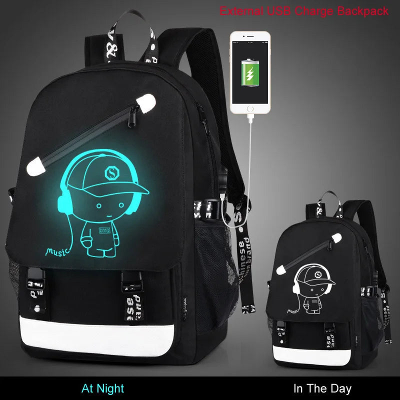 Luminous Anti-Theft Backpack – USB Charging Canvas Laptop Bag