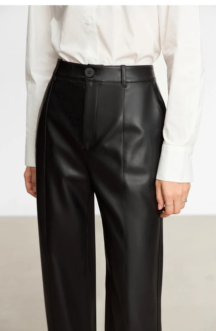 Women’s PU Leather Casual Pants – Loose Straight Floor-Length Trousers