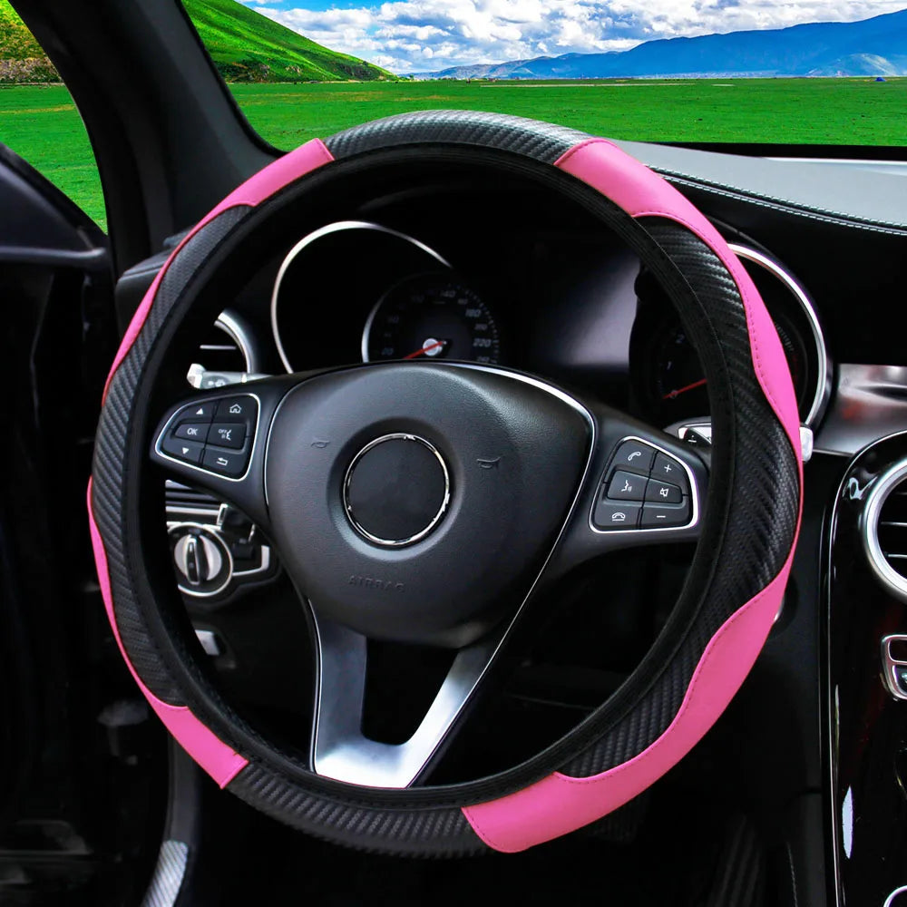 PU Carbon Fiber Leather Steering Wheel Cover 14.5–15 Inch Car Accessory