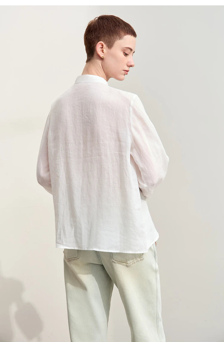 Women’s Autumn Stand Collar Lace Shirt – Elegant Shell Button Blouse