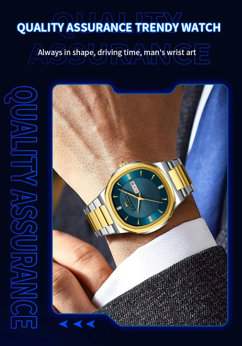 Luxury Diamond Men’s Watch – Stainless Steel Dual Date & Week Display