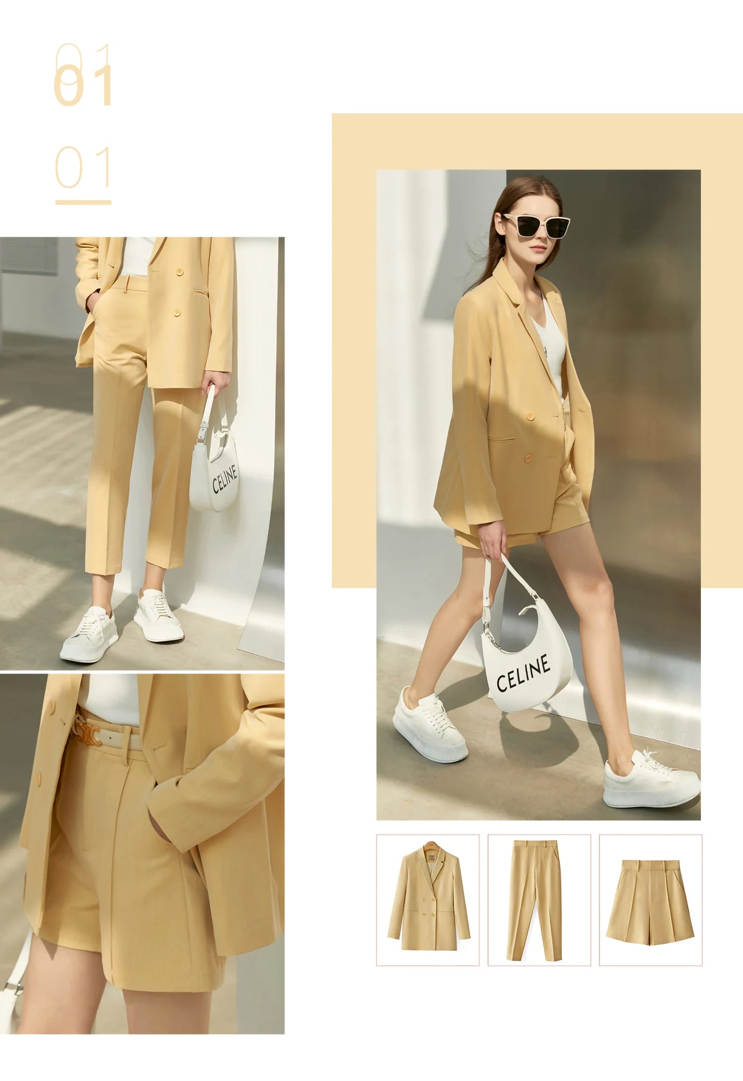 Women’s Office Blazer Set – Lace V-Neck Top & High Waist Pants