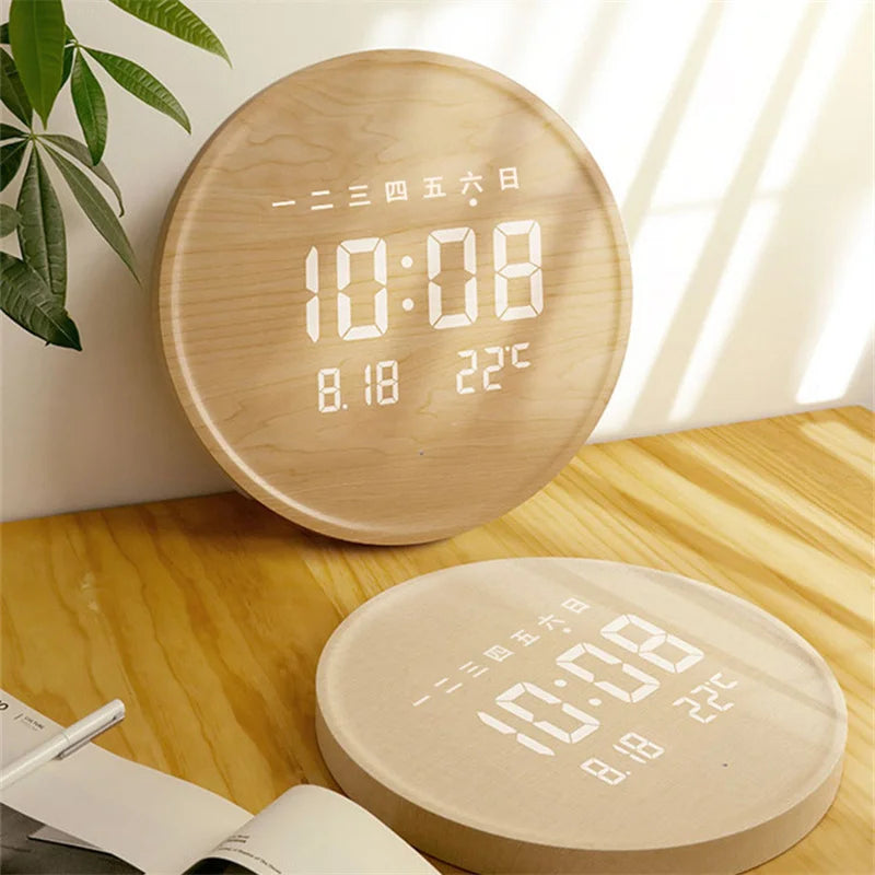 Round Wooden LED Digital Wall Clock – Silent & Modern Display