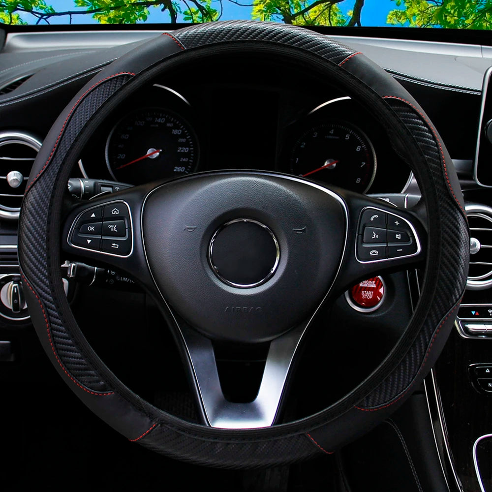 PU Carbon Fiber Leather Steering Wheel Cover 14.5–15 Inch Car Accessory