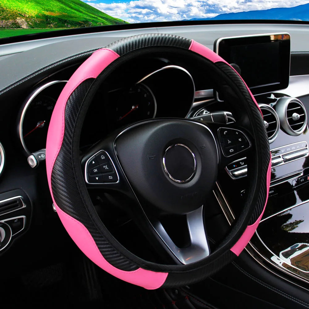 PU Carbon Fiber Leather Steering Wheel Cover 14.5–15 Inch Car Accessory