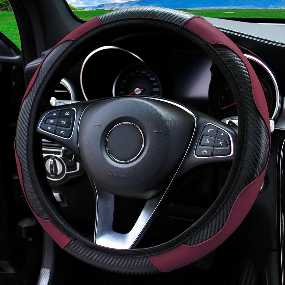 PU Carbon Fiber Leather Steering Wheel Cover 14.5–15 Inch Car Accessory