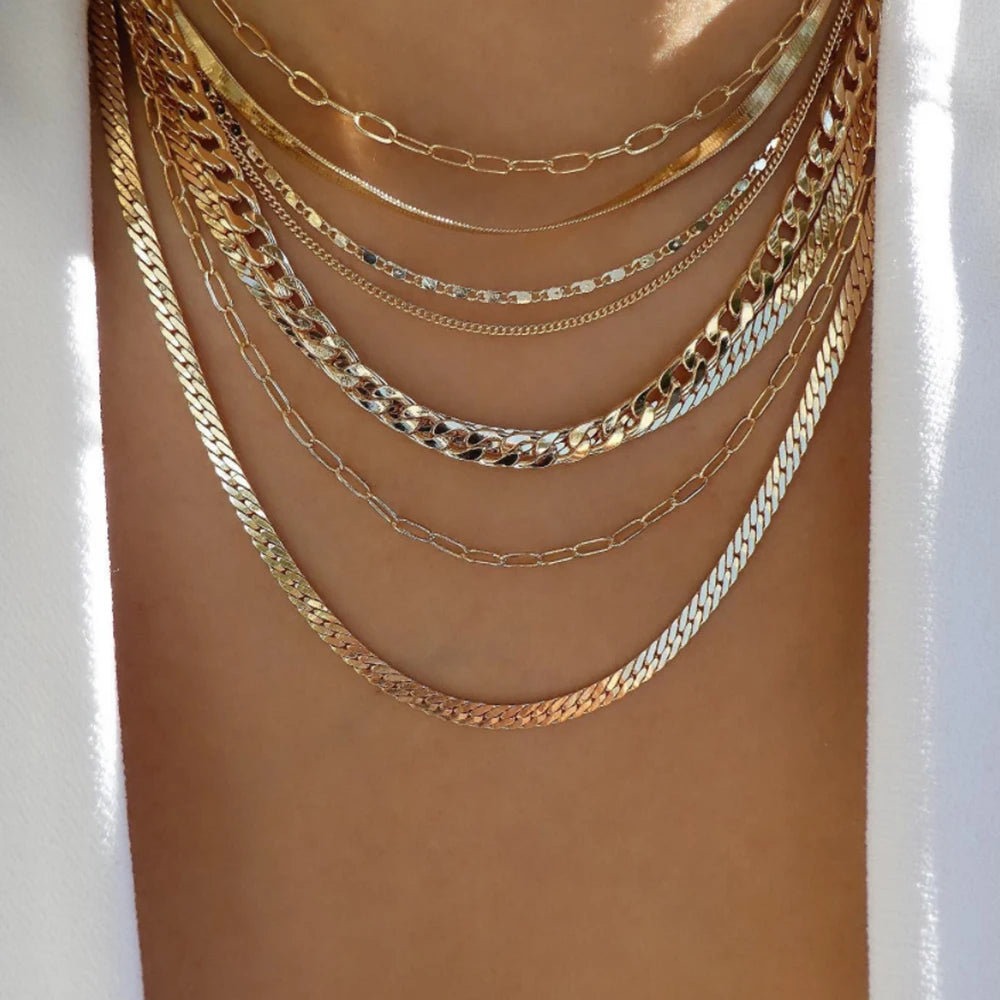 Layered Gold Tone Necklace Set – 5pcs Braided & Beaded Chains