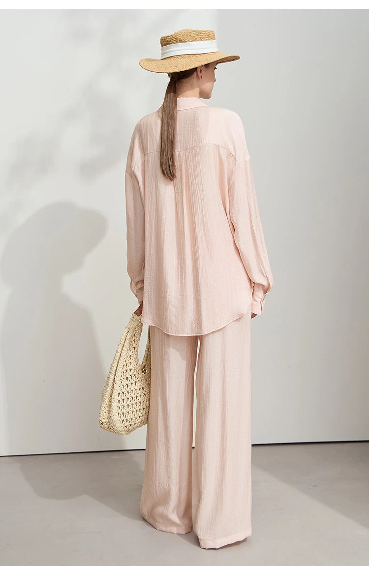 Women’s Casual Shirt & Wide Leg Pants – Spring Basic Separate Set