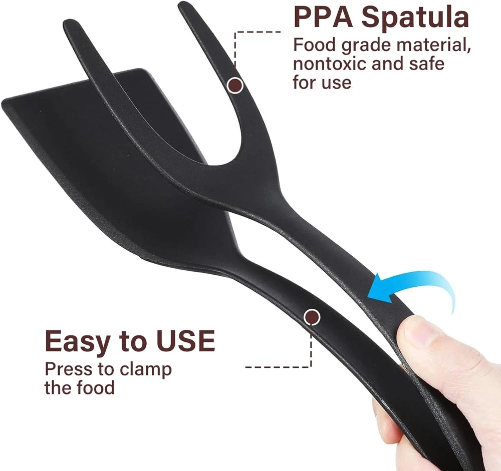 2-in-1 Grip Flip Spatula Tongs - Nylon Non-Stick Egg Flipper for Pancakes, Fish
