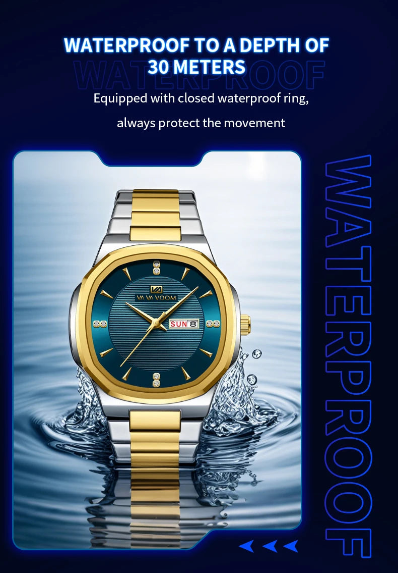 Luxury Diamond Men’s Watch – Stainless Steel Dual Date & Week Display